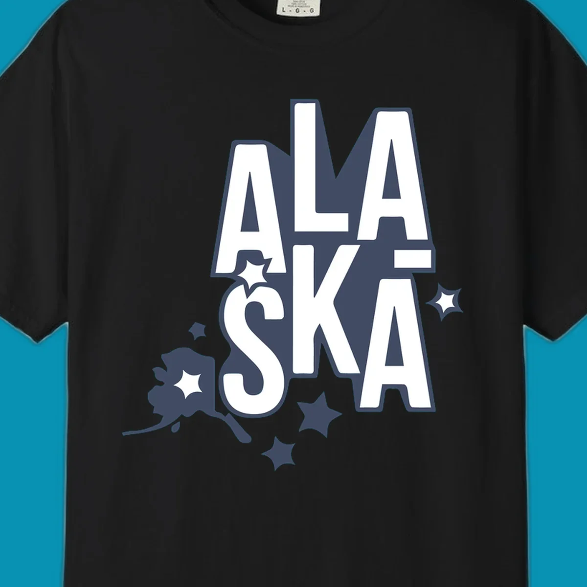 Alaska adventure lettering design with bold outlined text, decorative stars, and botanical accents in navy and white