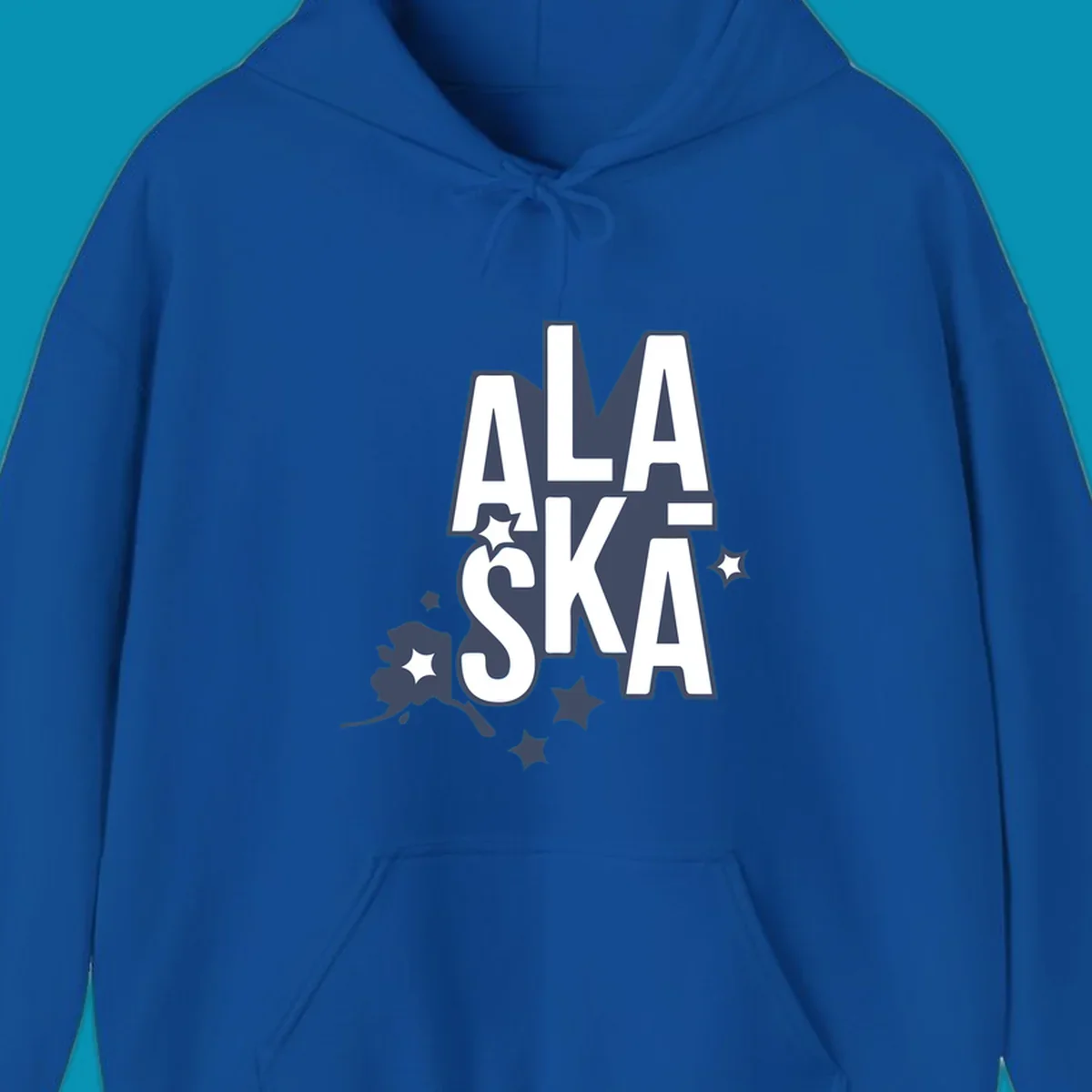 Alaska adventure lettering design with bold outlined text, decorative stars, and botanical accents in navy and white