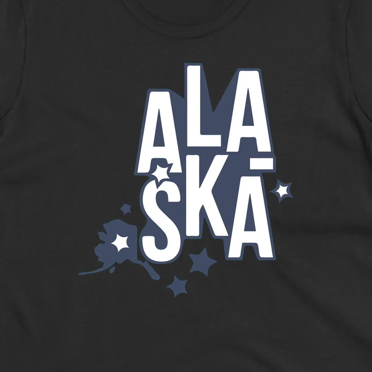 Alaska adventure lettering design with bold outlined text, decorative stars, and botanical accents in navy and white