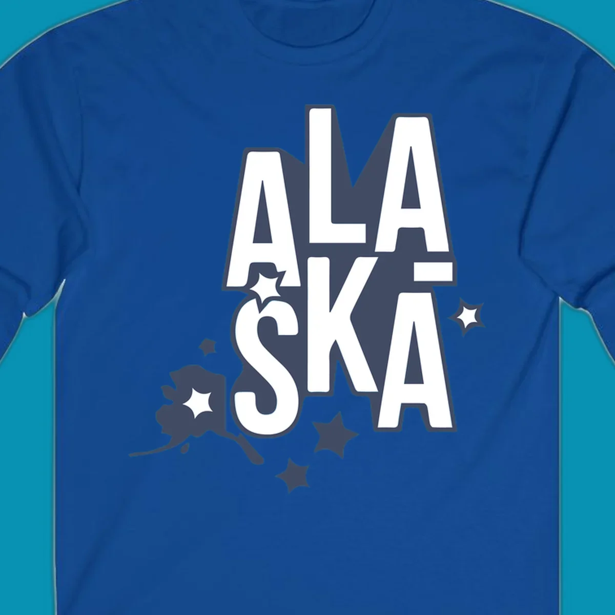 Alaska adventure lettering design with bold outlined text, decorative stars, and botanical accents in navy and white
