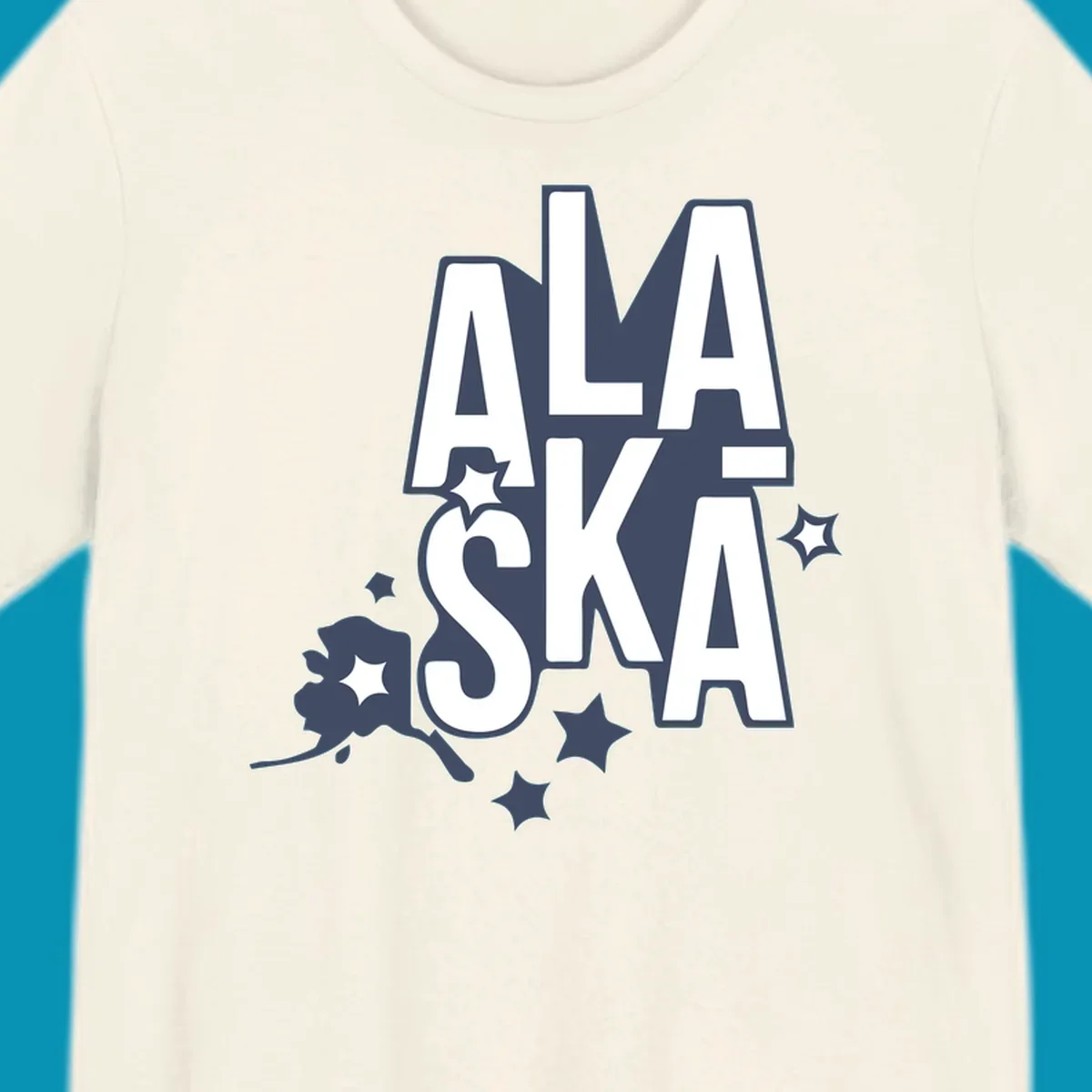 Alaska adventure lettering design with bold outlined text, decorative stars, and botanical accents in navy and white
