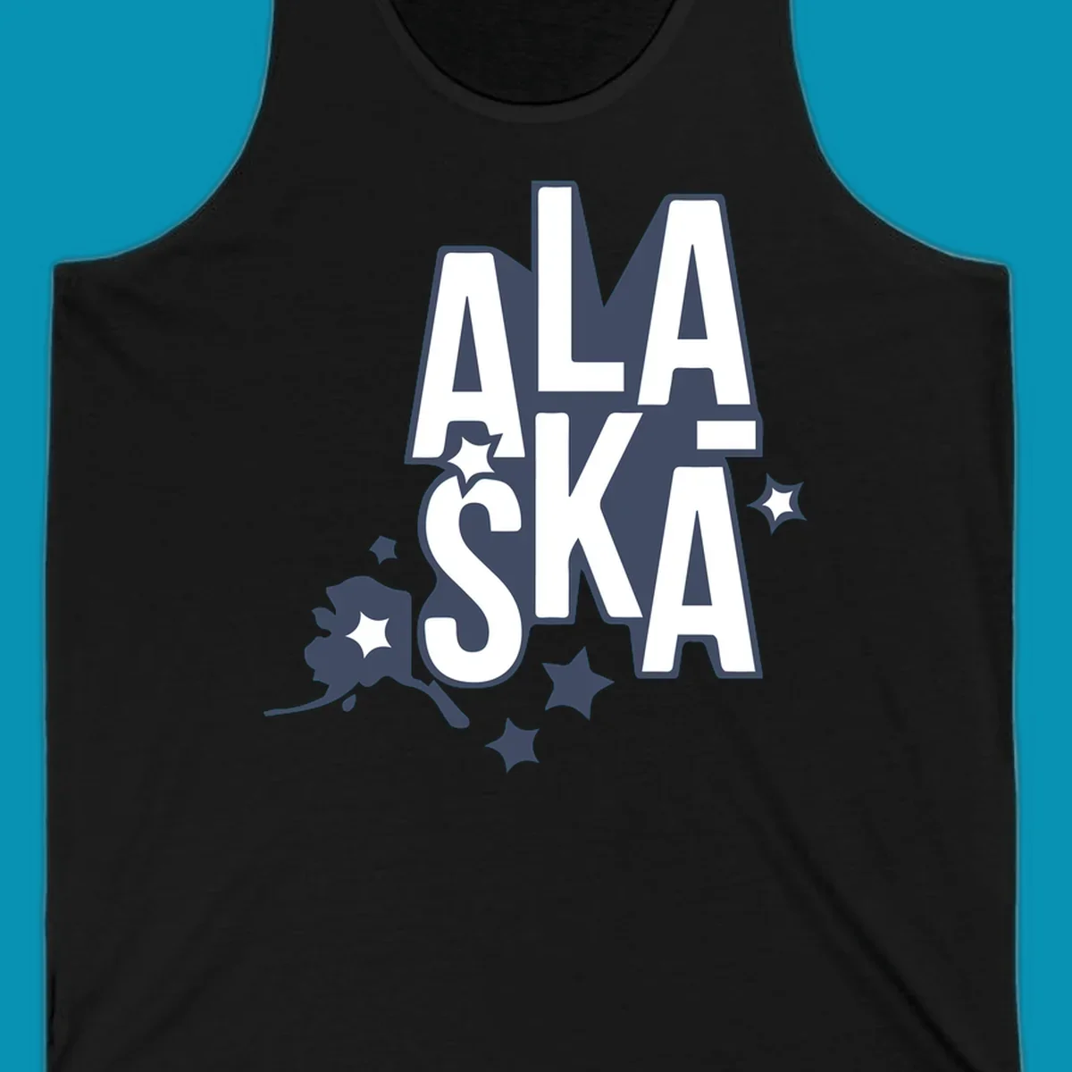 Alaska adventure lettering design with bold outlined text, decorative stars, and botanical accents in navy and white
