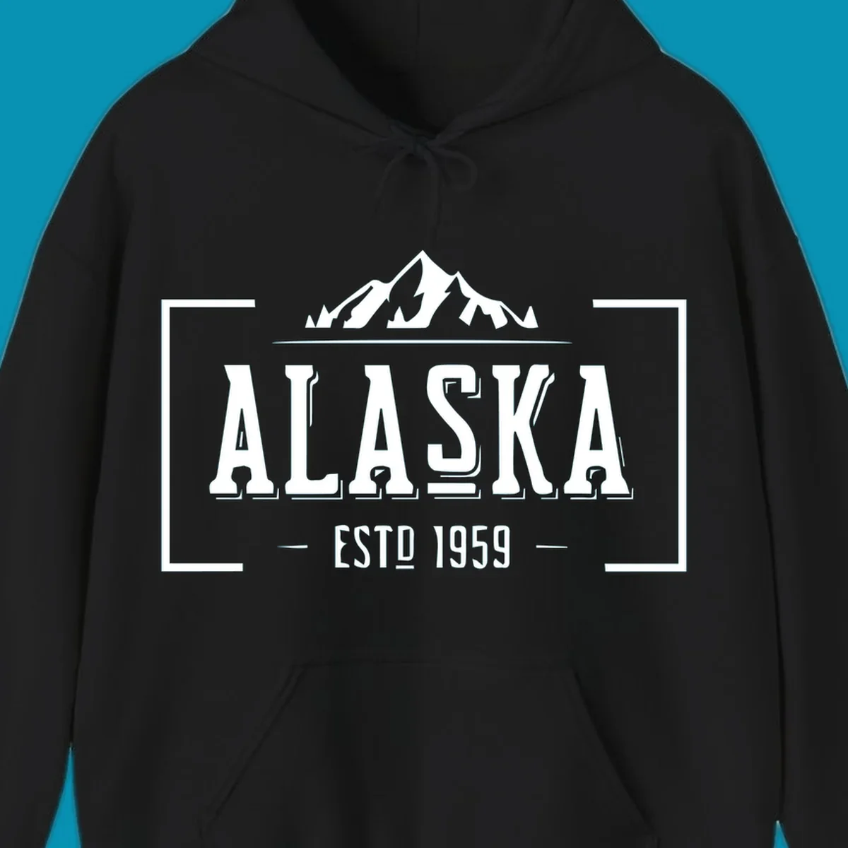 Vintage Alaska mountain badge with snow-capped peaks, evergreen trees, and established 1959 text in white on gray background