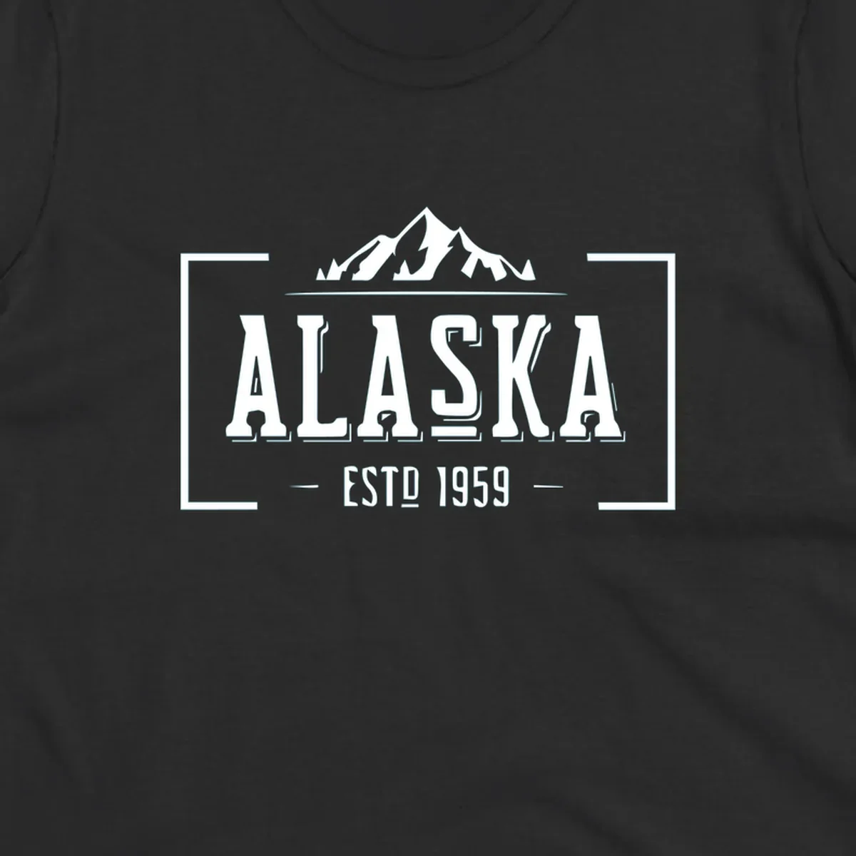 Vintage Alaska mountain badge with snow-capped peaks, evergreen trees, and established 1959 text in white on gray background