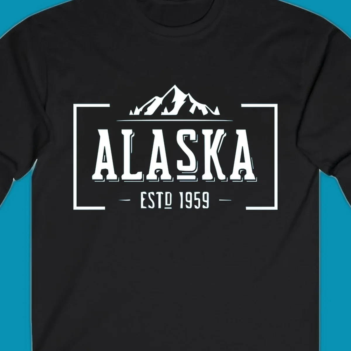 Vintage Alaska mountain badge with snow-capped peaks, evergreen trees, and established 1959 text in white on gray background