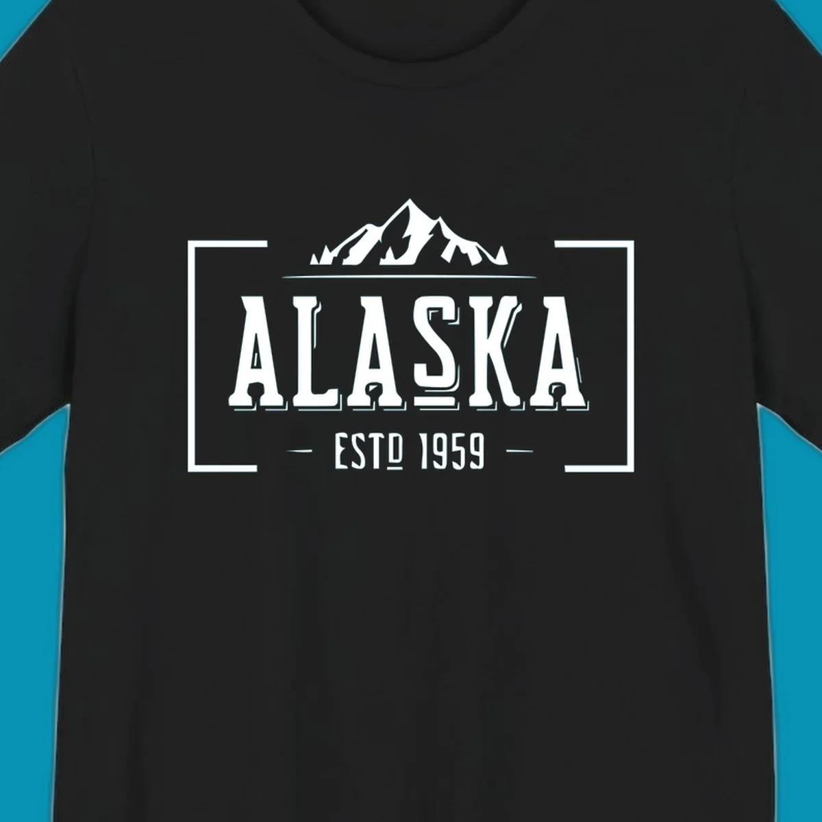 Vintage Alaska mountain badge with snow-capped peaks, evergreen trees, and established 1959 text in white on gray background
