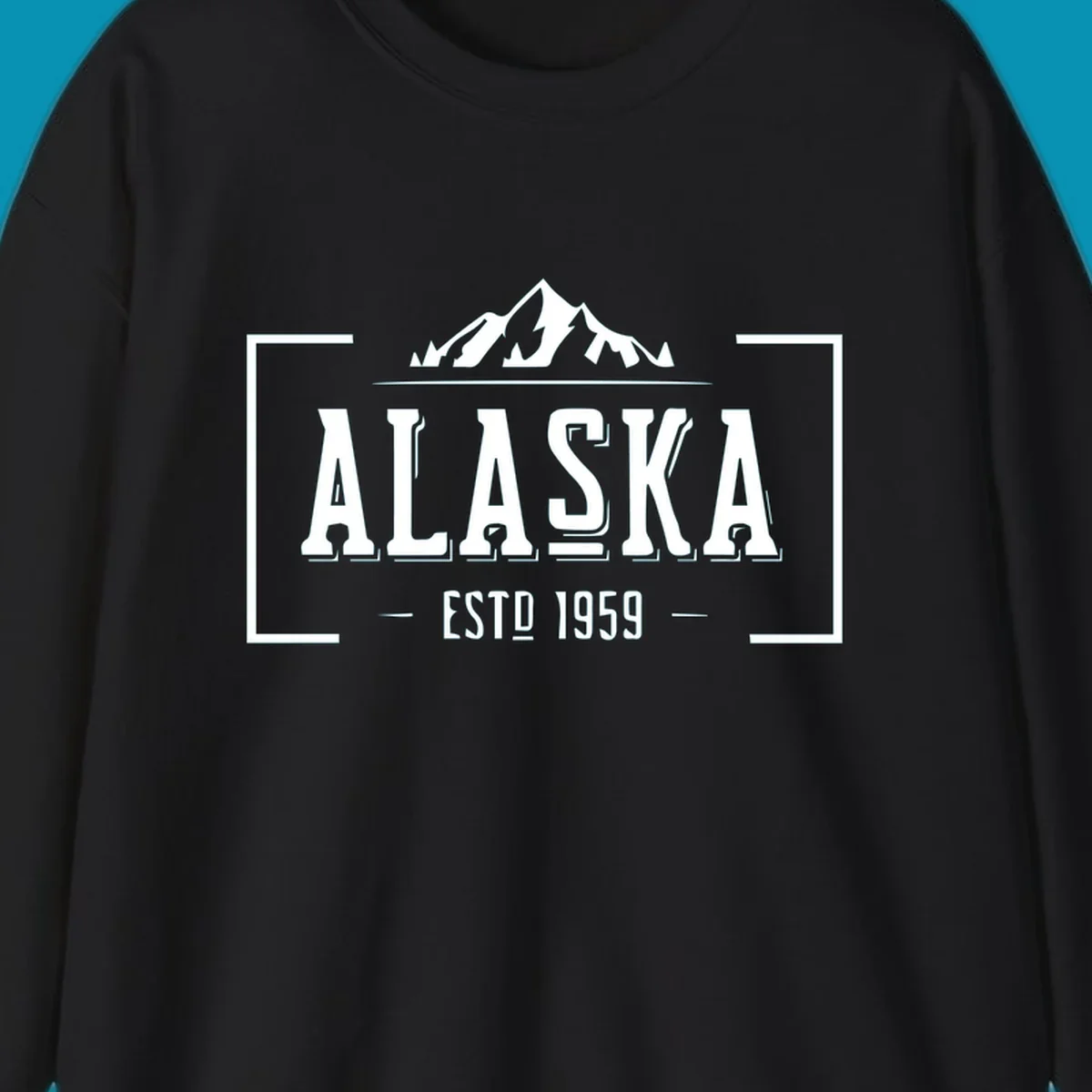 Vintage Alaska mountain badge with snow-capped peaks, evergreen trees, and established 1959 text in white on gray background