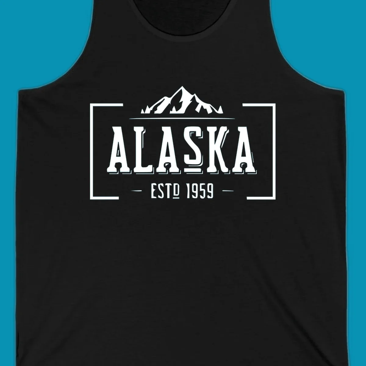 Vintage Alaska mountain badge with snow-capped peaks, evergreen trees, and established 1959 text in white on gray background
