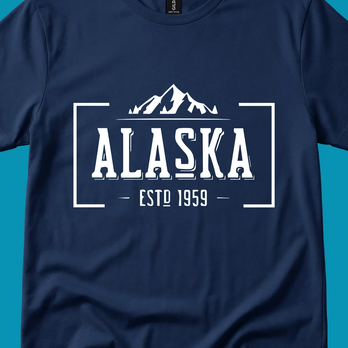 Vintage Alaska mountain badge with snow-capped peaks, evergreen trees, and established 1959 text in white on gray background
