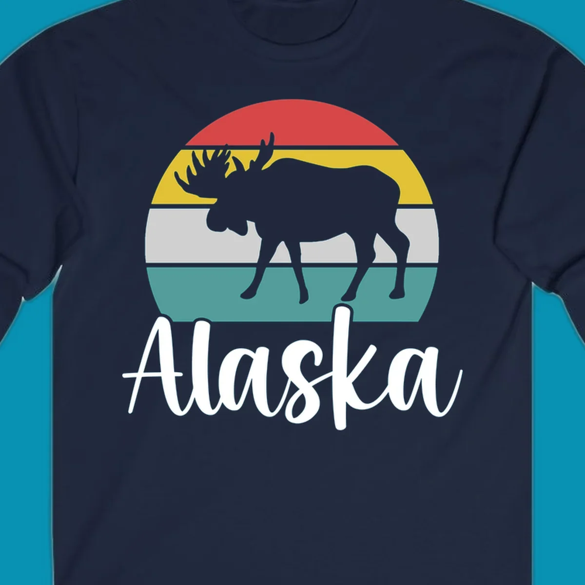 White moose silhouette against red, gold, gray, and teal horizontal stripes in a circular badge design representing Alaska mountains and wildlife.