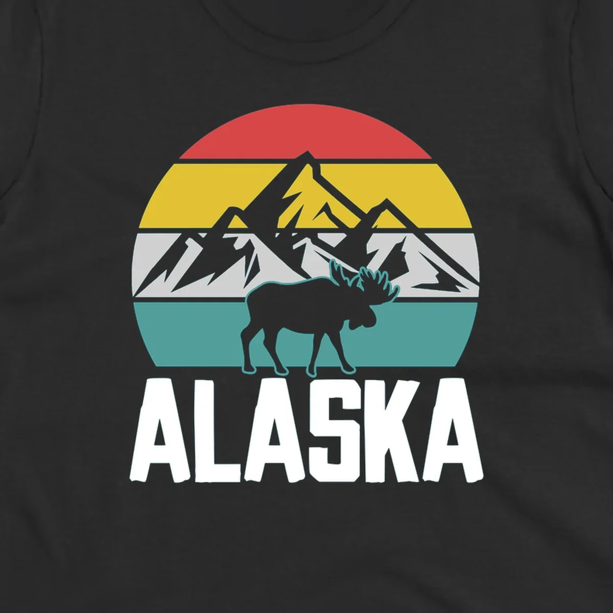 Moose mountain Alaska badge with white moose silhouette, snow peaks, and horizontal landscape stripes in red, gold, gray, and teal.