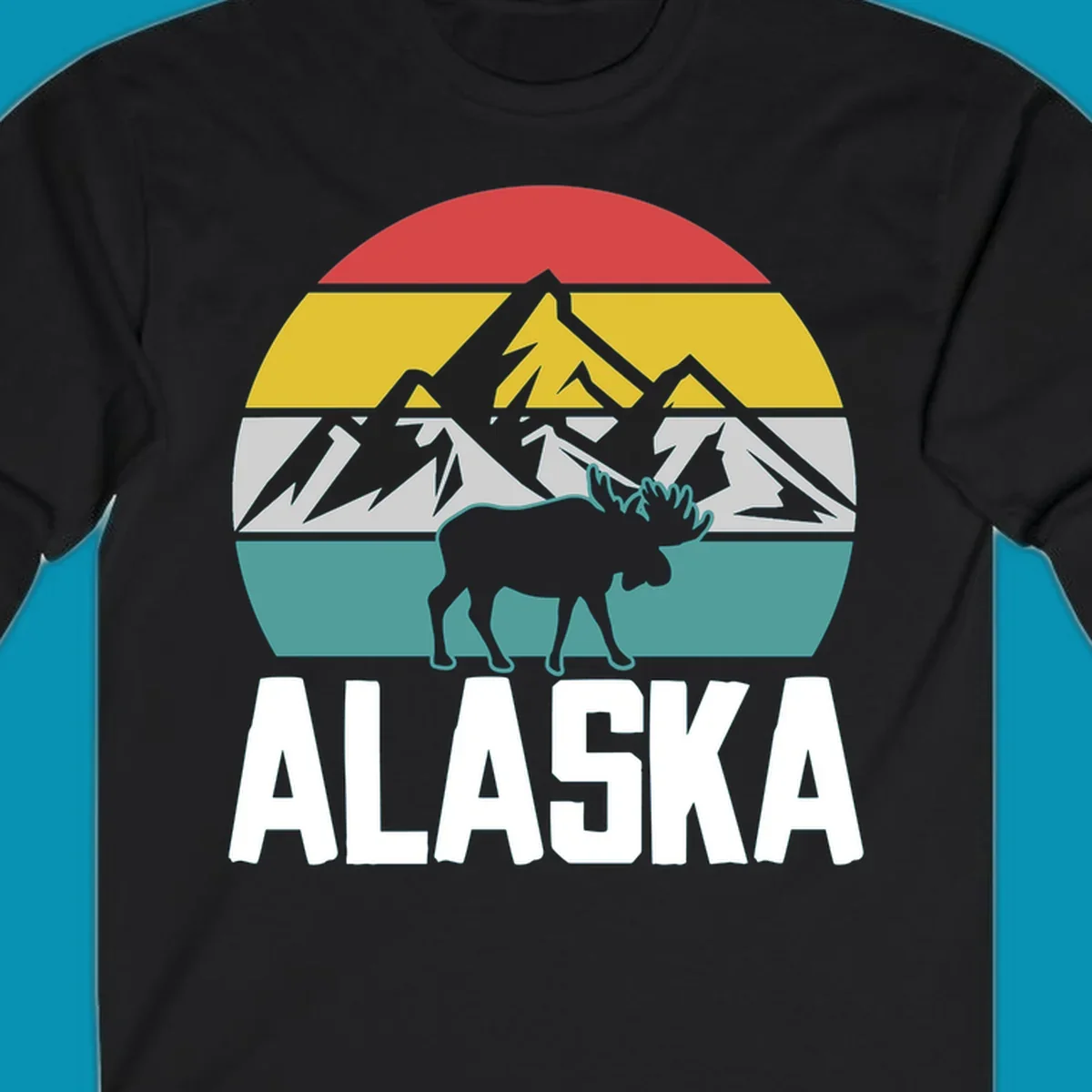Moose mountain Alaska badge with white moose silhouette, snow peaks, and horizontal landscape stripes in red, gold, gray, and teal.