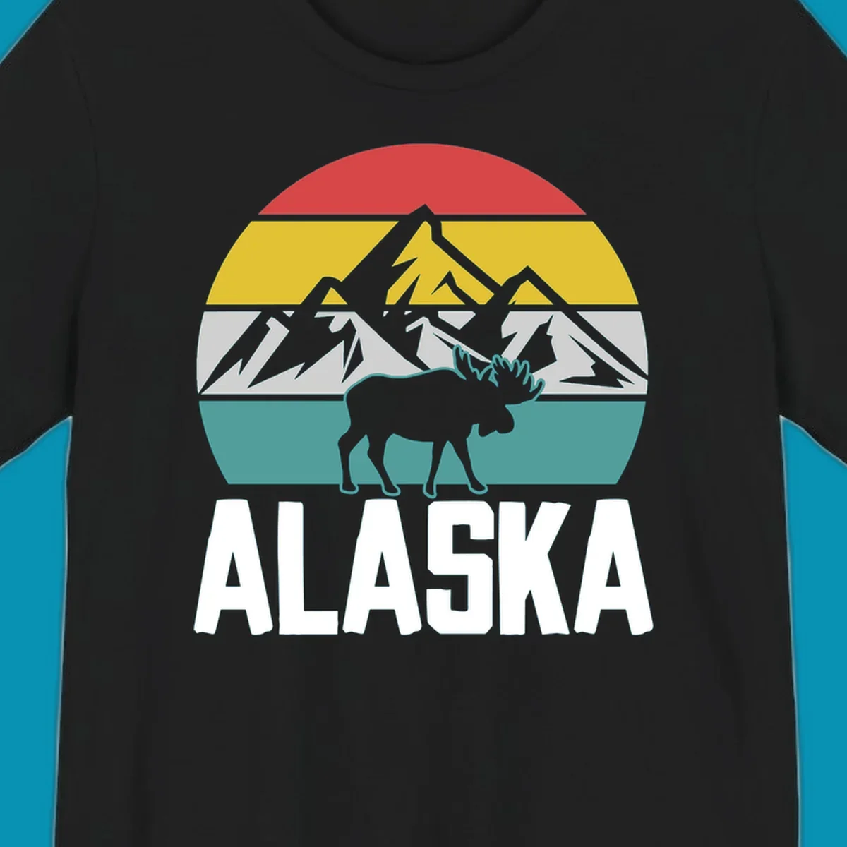 Moose mountain Alaska badge with white moose silhouette, snow peaks, and horizontal landscape stripes in red, gold, gray, and teal.