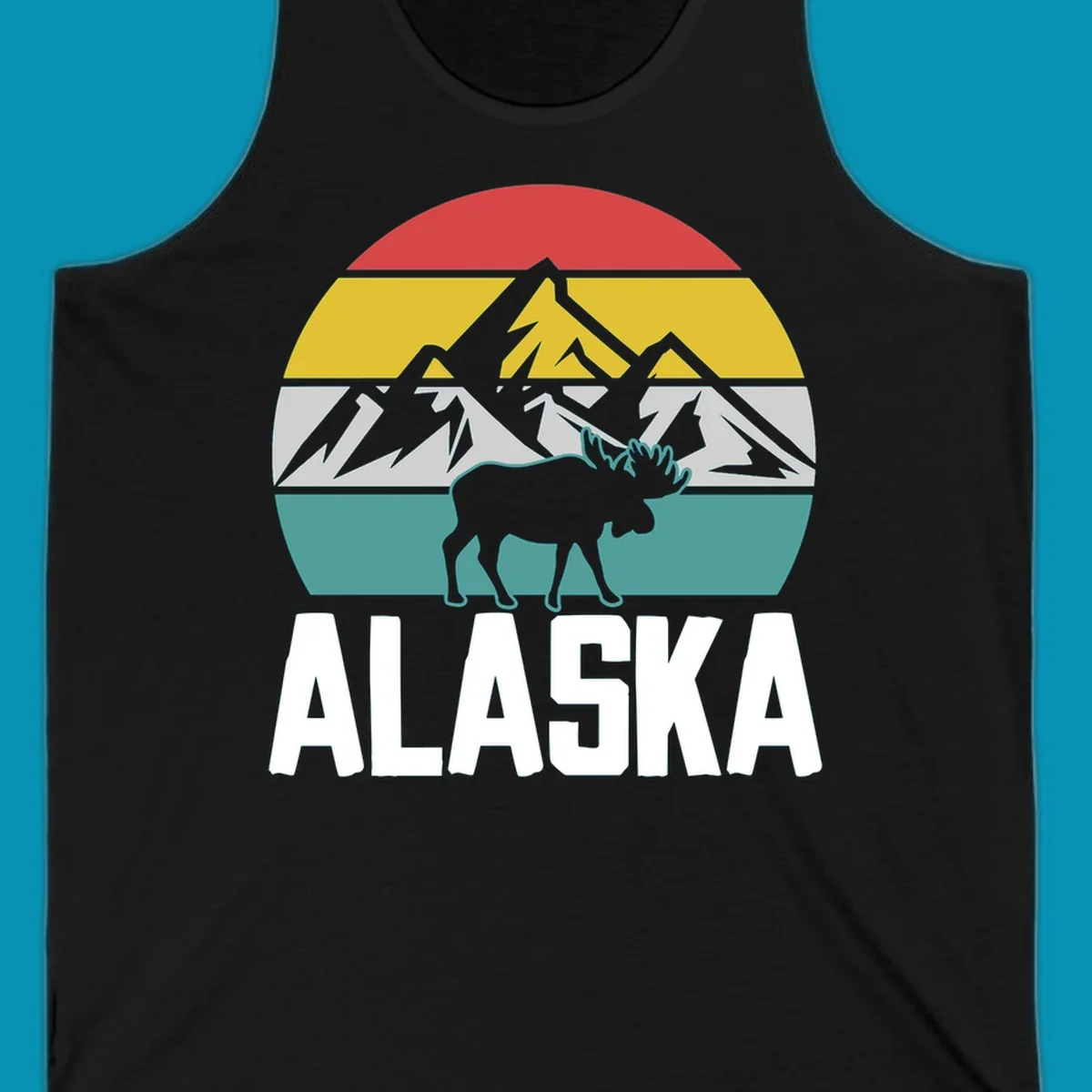 Moose mountain Alaska badge with white moose silhouette, snow peaks, and horizontal landscape stripes in red, gold, gray, and teal.