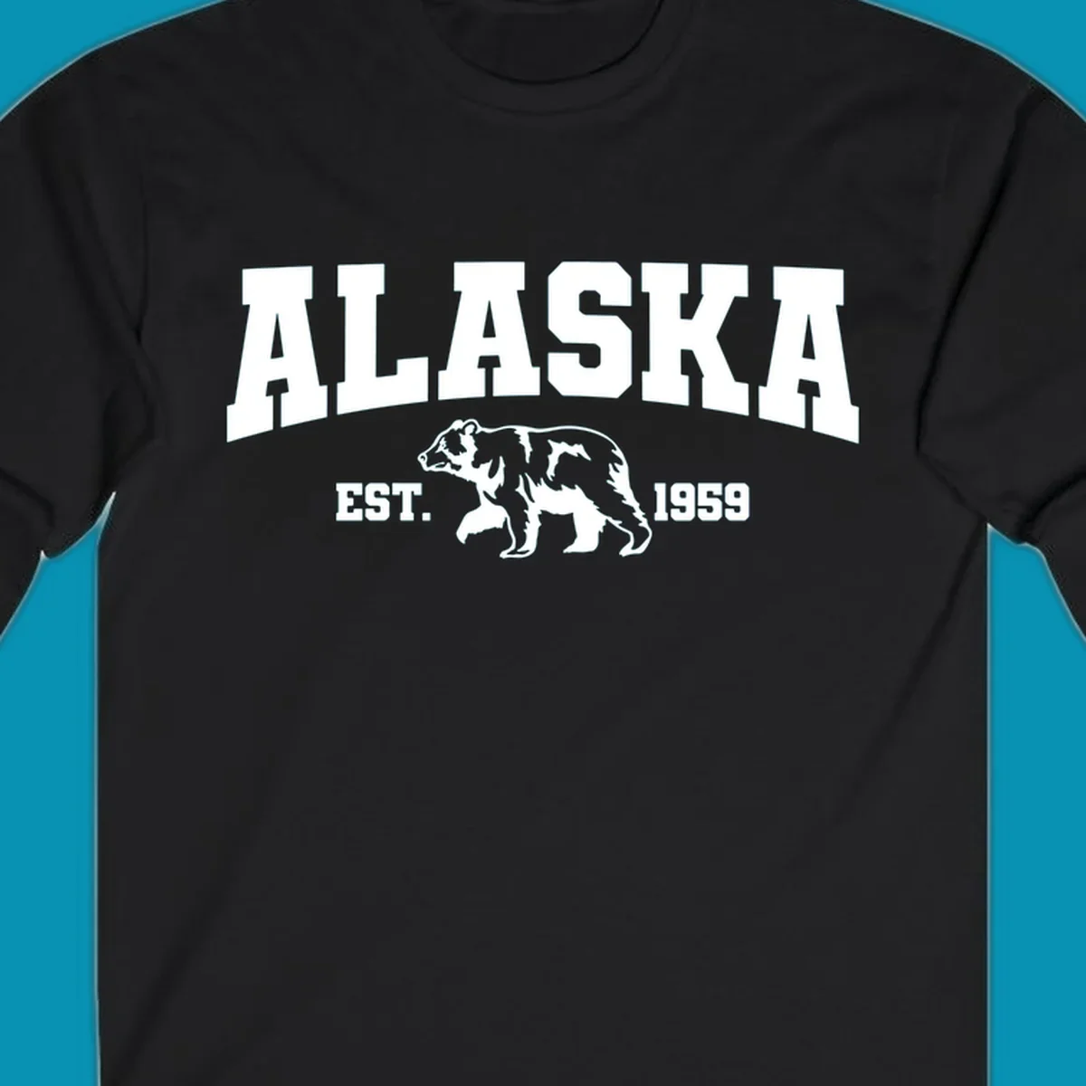 Vintage-style Alaska bear design with distressed lettering, established 1959, featuring pine trees and wildlife illustration