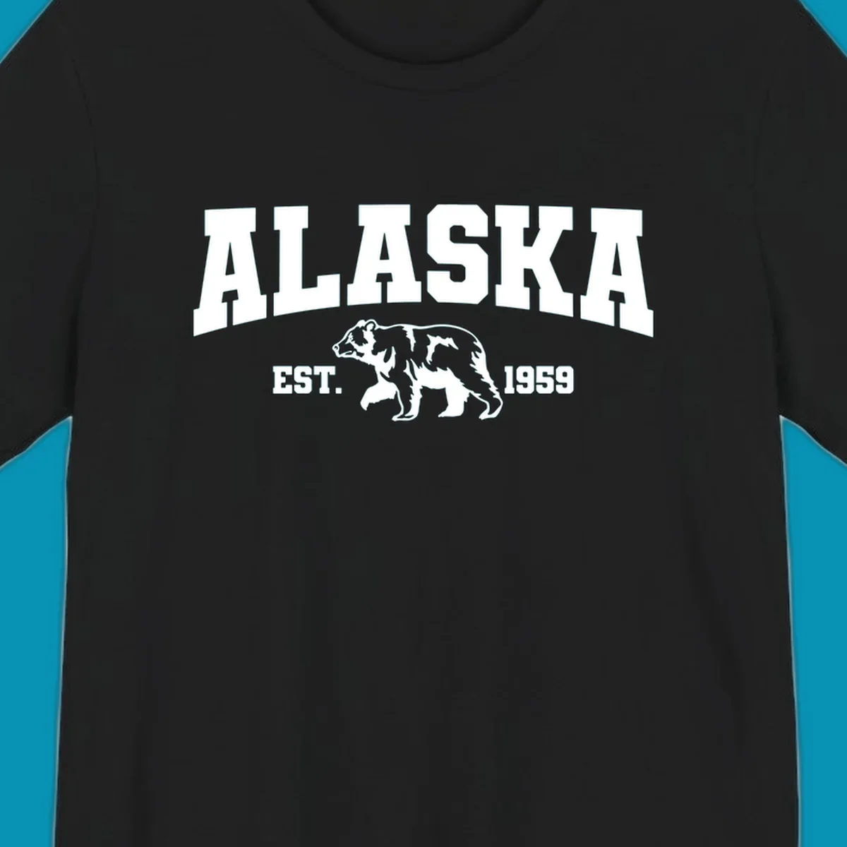 Vintage-style Alaska bear design with distressed lettering, established 1959, featuring pine trees and wildlife illustration