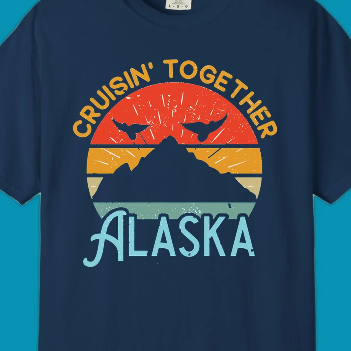 Retro vintage crab design with 'Crushin' Together Alaska' text in distressed style with horizontal color stripes
