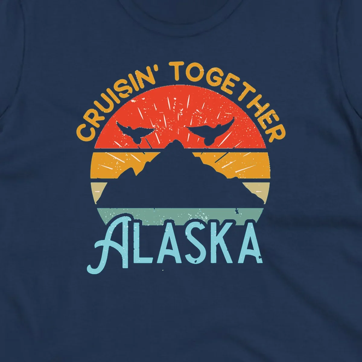 Retro vintage crab design with 'Crushin' Together Alaska' text in distressed style with horizontal color stripes