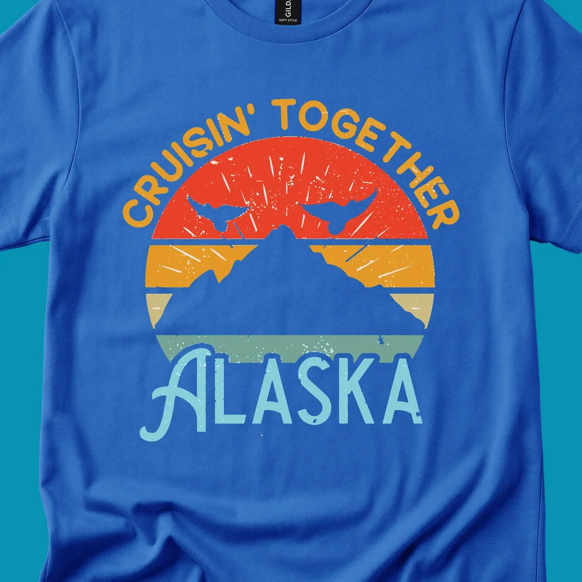 Retro vintage crab design with 'Crushin' Together Alaska' text in distressed style with horizontal color stripes