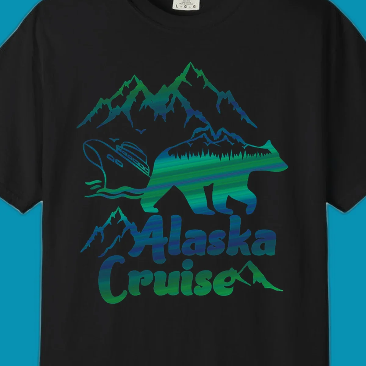 Bear silhouette filled with layered Alaska landscape imagery including mountains, cruise ship, forest, and ocean waves with 'Alaska Cruise' text below