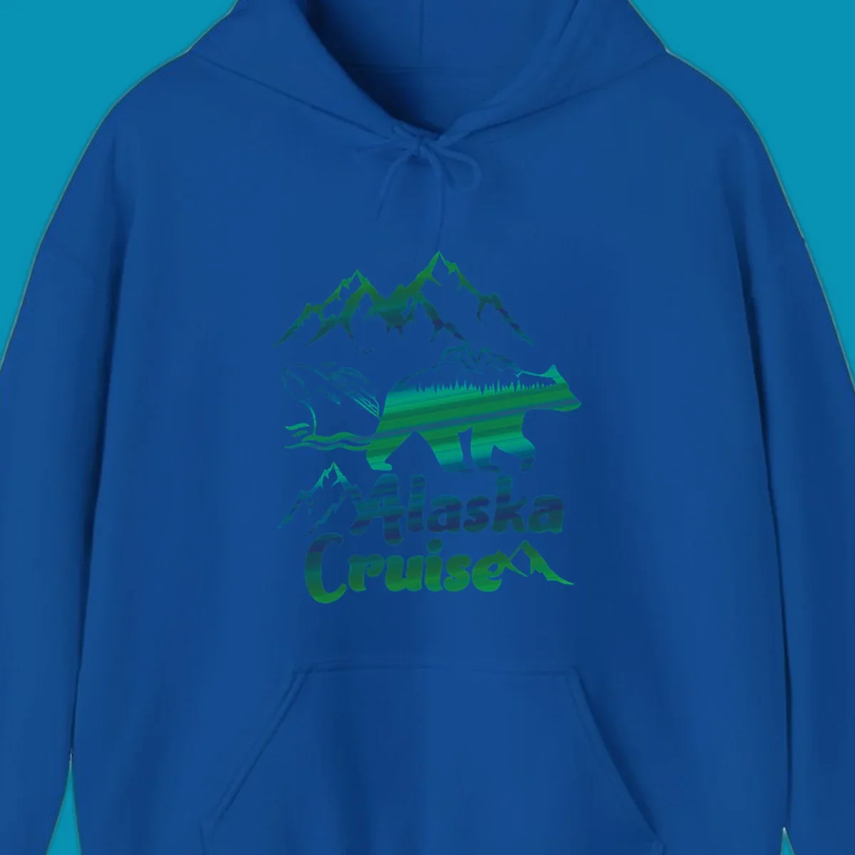 Bear silhouette filled with layered Alaska landscape imagery including mountains, cruise ship, forest, and ocean waves with 'Alaska Cruise' text below