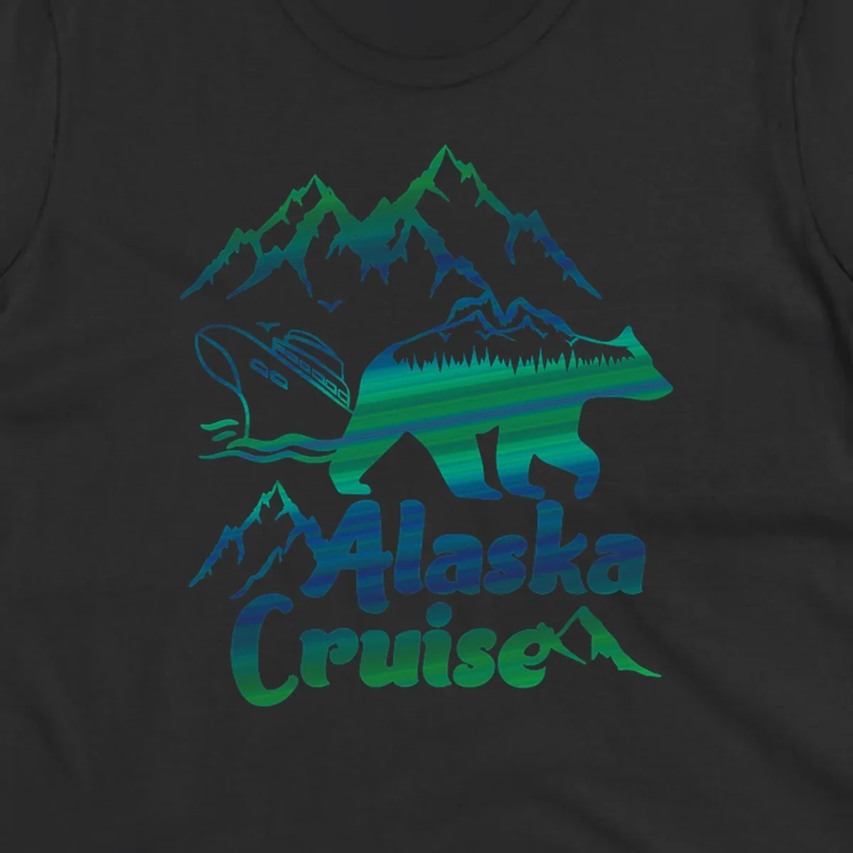 Bear silhouette filled with layered Alaska landscape imagery including mountains, cruise ship, forest, and ocean waves with 'Alaska Cruise' text below