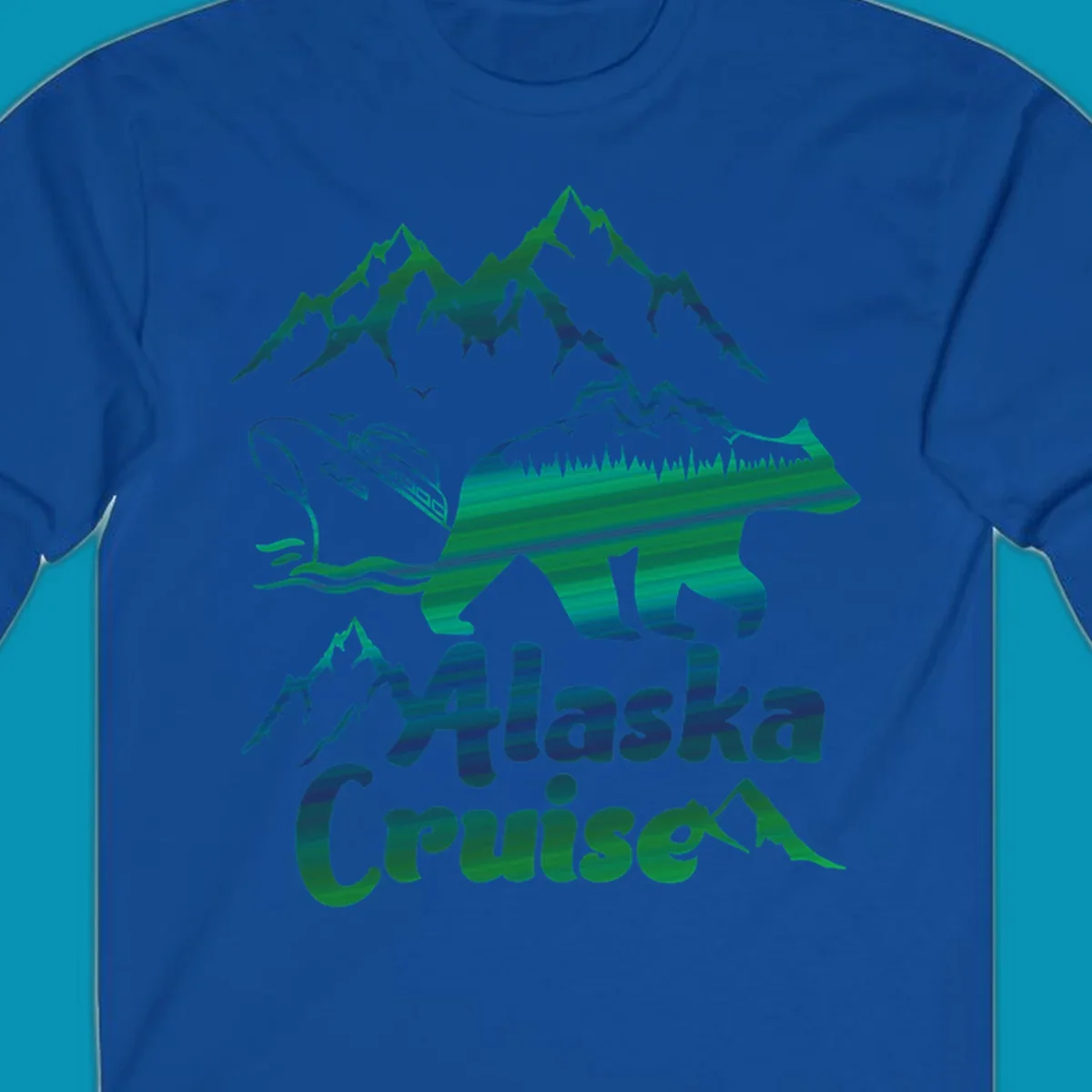 Bear silhouette filled with layered Alaska landscape imagery including mountains, cruise ship, forest, and ocean waves with 'Alaska Cruise' text below