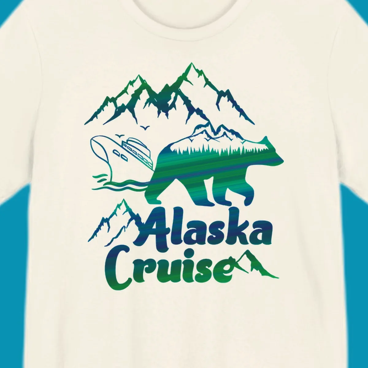 Bear silhouette filled with layered Alaska landscape imagery including mountains, cruise ship, forest, and ocean waves with 'Alaska Cruise' text below