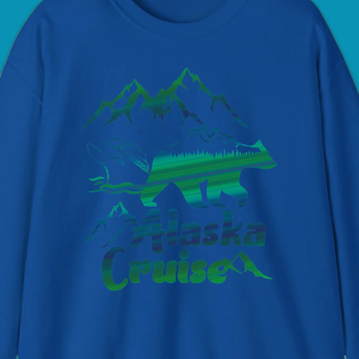 Bear silhouette filled with layered Alaska landscape imagery including mountains, cruise ship, forest, and ocean waves with 'Alaska Cruise' text below