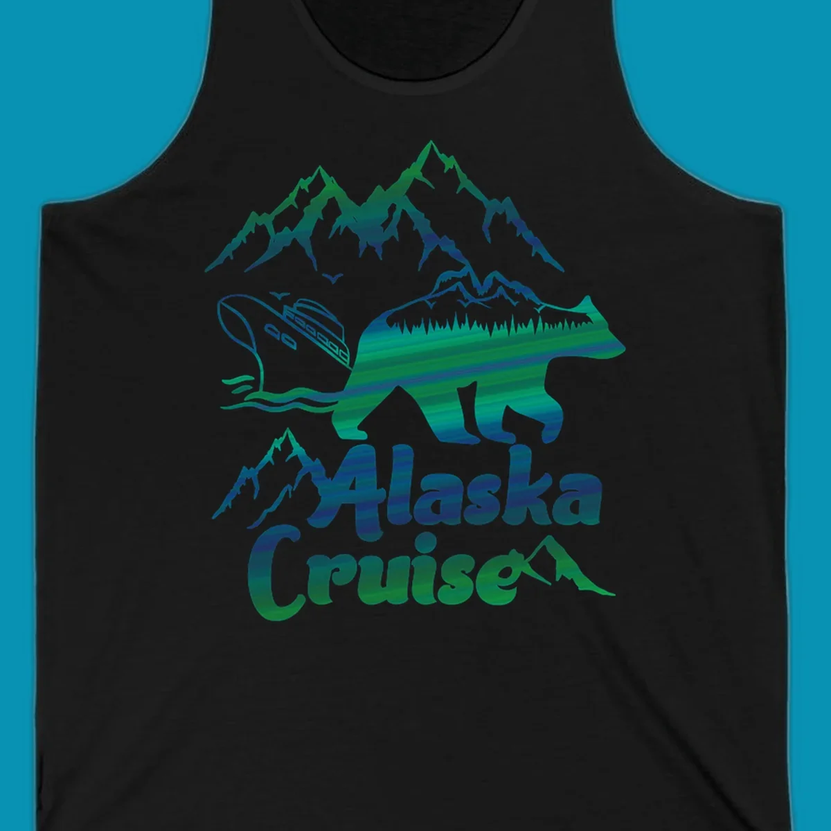 Bear silhouette filled with layered Alaska landscape imagery including mountains, cruise ship, forest, and ocean waves with 'Alaska Cruise' text below