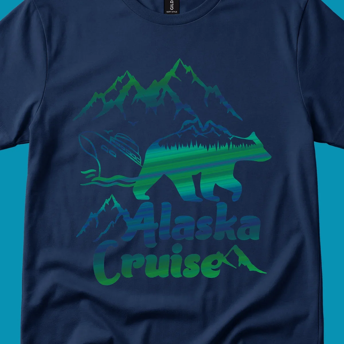 Bear silhouette filled with layered Alaska landscape imagery including mountains, cruise ship, forest, and ocean waves with 'Alaska Cruise' text below