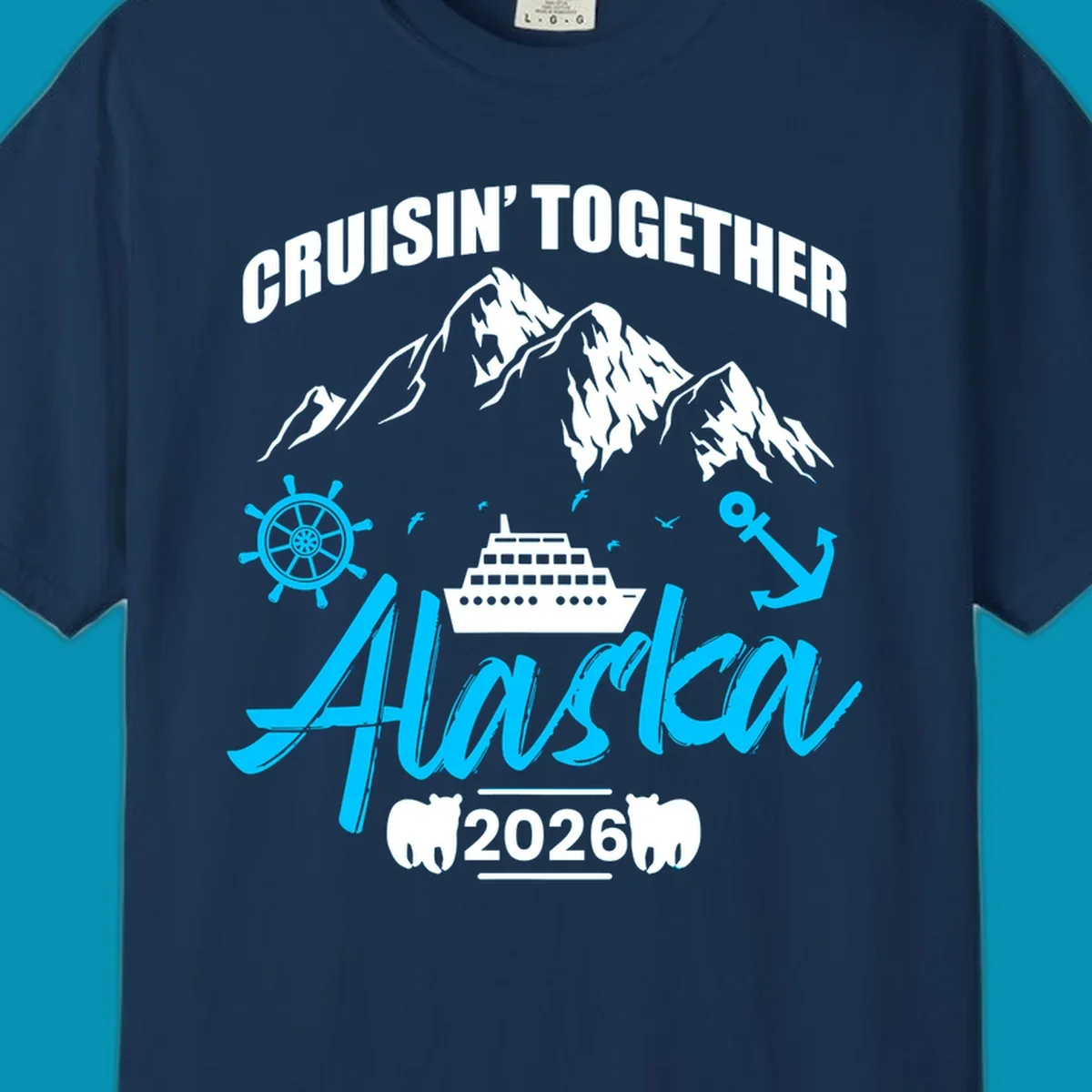 Bright cyan nautical design with 'All Aboard' script, ship's wheel, anchor, and seagulls for cruise apparel.