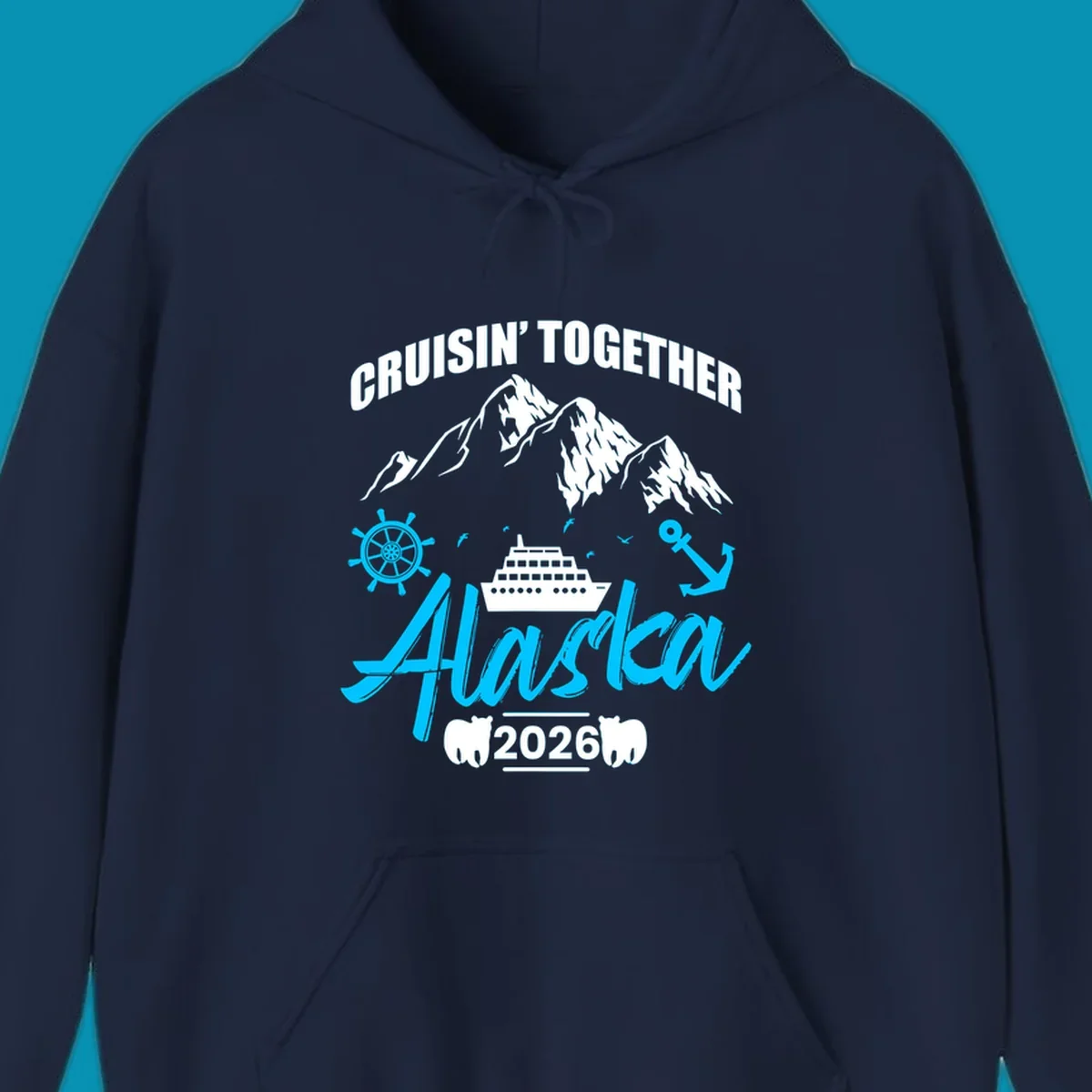 Bright cyan nautical design with 'All Aboard' script, ship's wheel, anchor, and seagulls for cruise apparel.