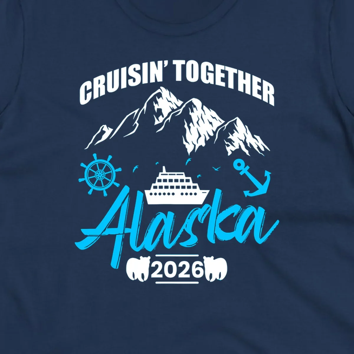 Bright cyan nautical design with 'All Aboard' script, ship's wheel, anchor, and seagulls for cruise apparel.