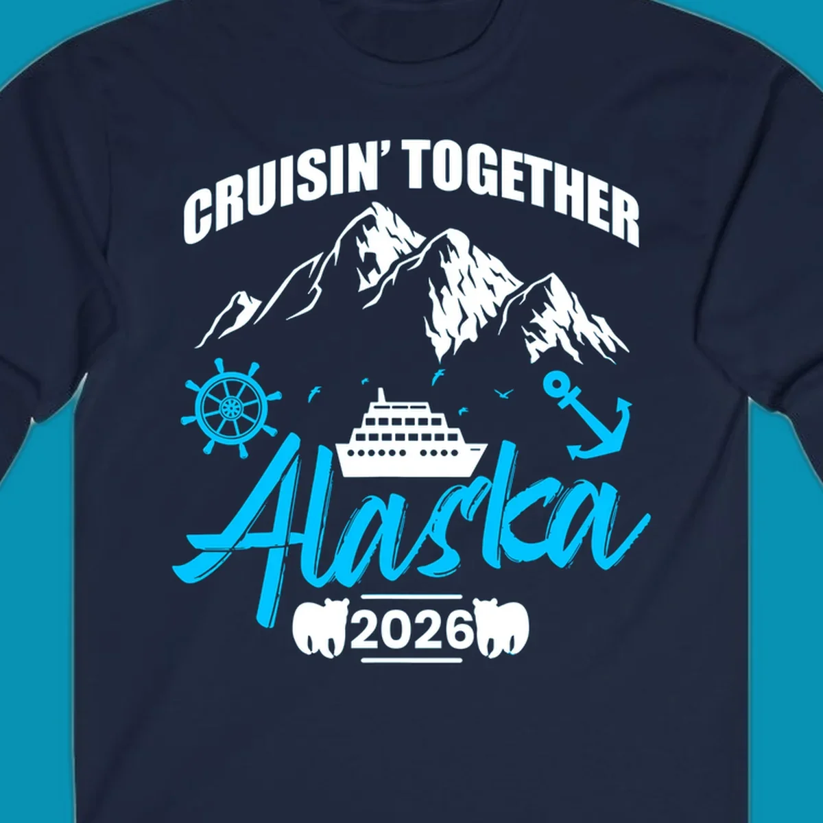 Bright cyan nautical design with 'All Aboard' script, ship's wheel, anchor, and seagulls for cruise apparel.