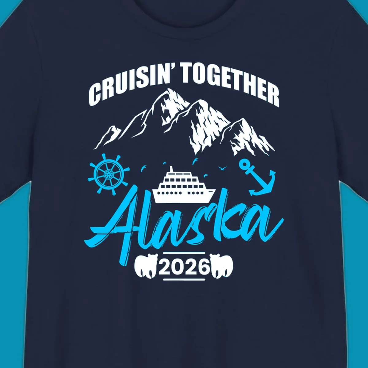 Bright cyan nautical design with 'All Aboard' script, ship's wheel, anchor, and seagulls for cruise apparel.