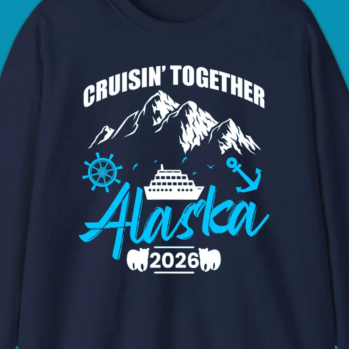 Bright cyan nautical design with 'All Aboard' script, ship's wheel, anchor, and seagulls for cruise apparel.