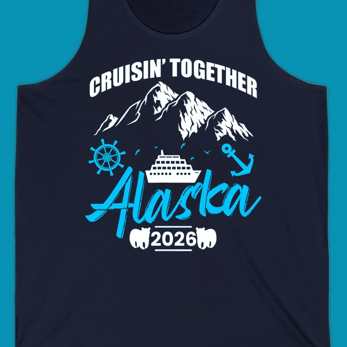 Bright cyan nautical design with 'All Aboard' script, ship's wheel, anchor, and seagulls for cruise apparel.
