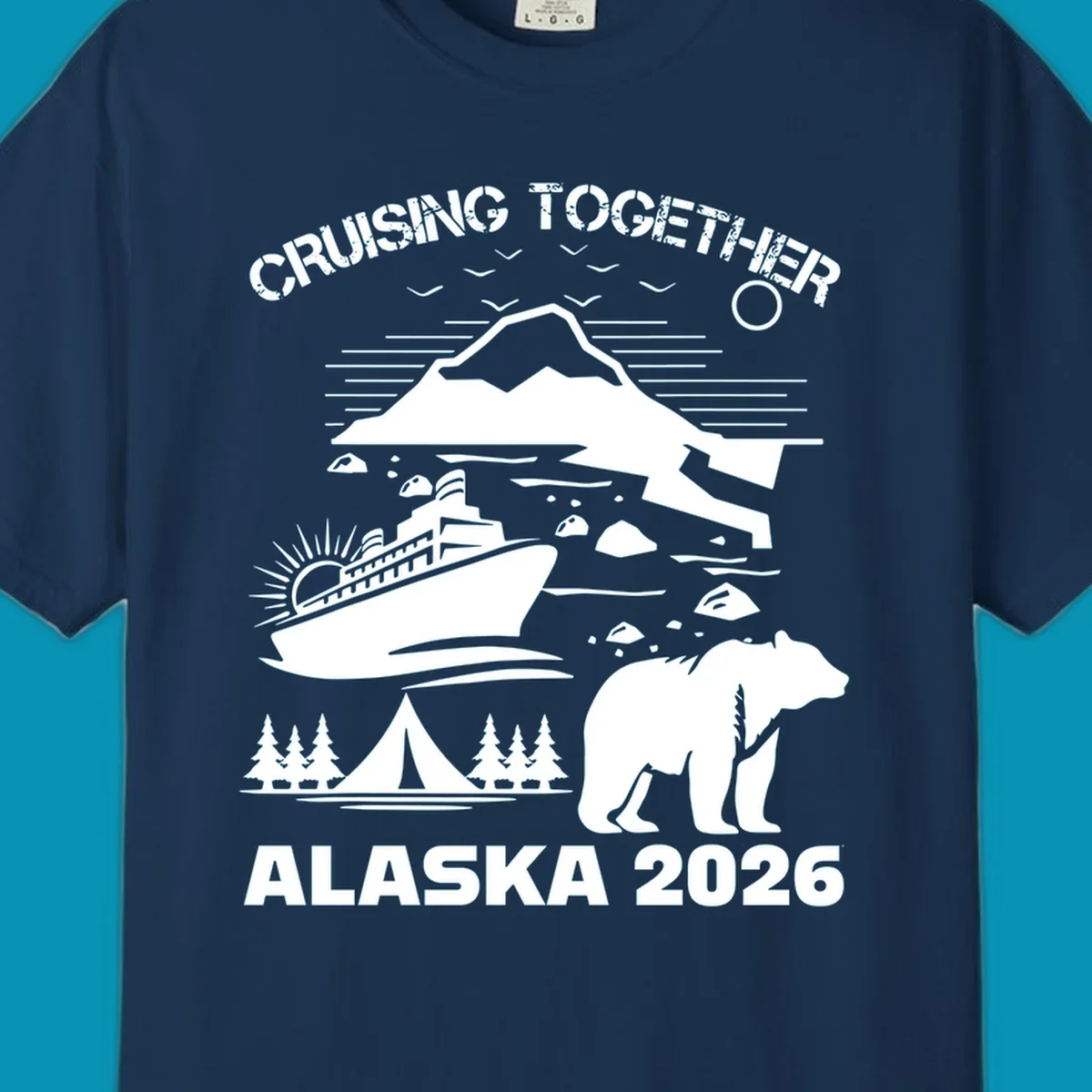 Monochrome illustration of Alaska cruise scene with ship, polar bear, glaciers, icebergs, and camping elements, text reads Cruising Together Alaska 2026