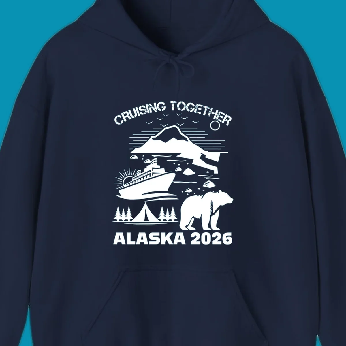 Monochrome illustration of Alaska cruise scene with ship, polar bear, glaciers, icebergs, and camping elements, text reads Cruising Together Alaska 2026