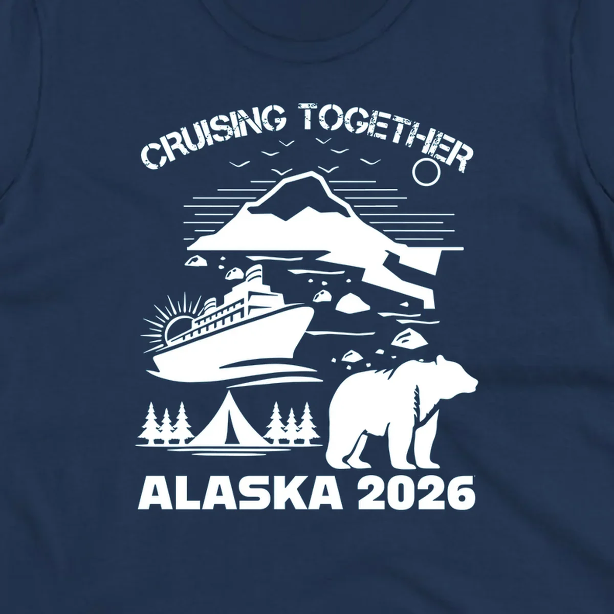 Monochrome illustration of Alaska cruise scene with ship, polar bear, glaciers, icebergs, and camping elements, text reads Cruising Together Alaska 2026