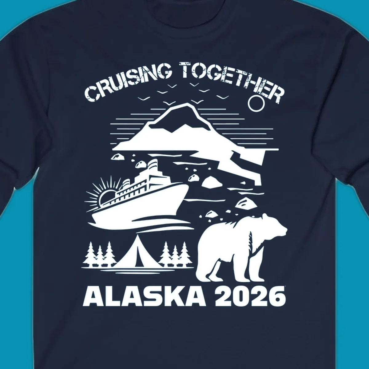 Monochrome illustration of Alaska cruise scene with ship, polar bear, glaciers, icebergs, and camping elements, text reads Cruising Together Alaska 2026