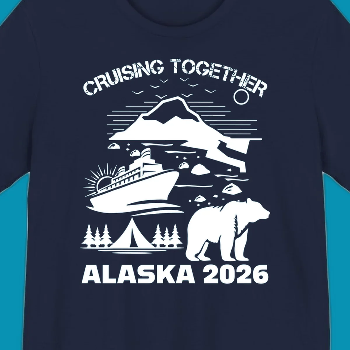 Monochrome illustration of Alaska cruise scene with ship, polar bear, glaciers, icebergs, and camping elements, text reads Cruising Together Alaska 2026