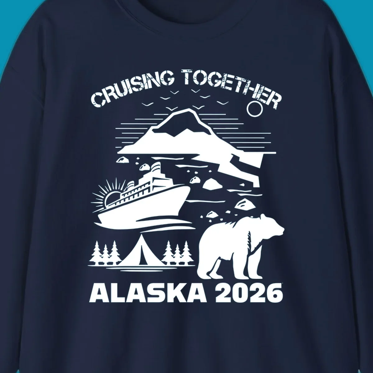 Monochrome illustration of Alaska cruise scene with ship, polar bear, glaciers, icebergs, and camping elements, text reads Cruising Together Alaska 2026