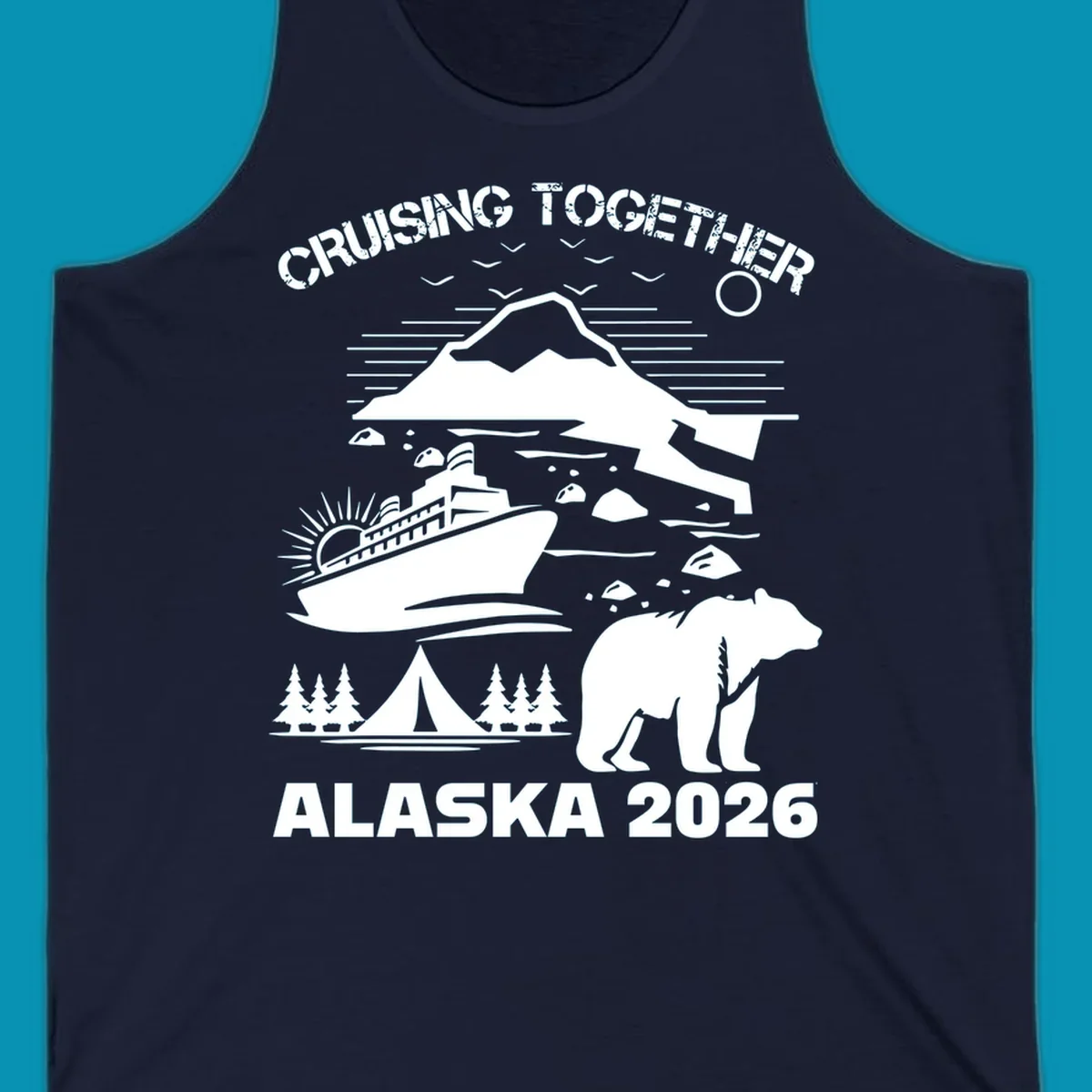 Monochrome illustration of Alaska cruise scene with ship, polar bear, glaciers, icebergs, and camping elements, text reads Cruising Together Alaska 2026