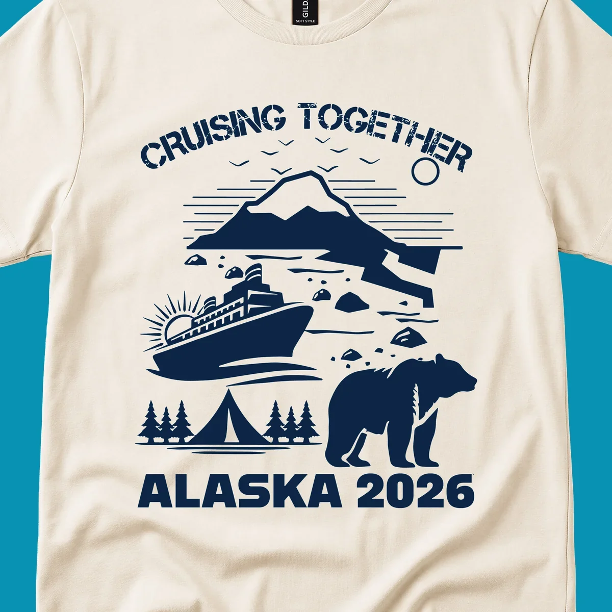 Monochrome illustration of Alaska cruise scene with ship, polar bear, glaciers, icebergs, and camping elements, text reads Cruising Together Alaska 2026