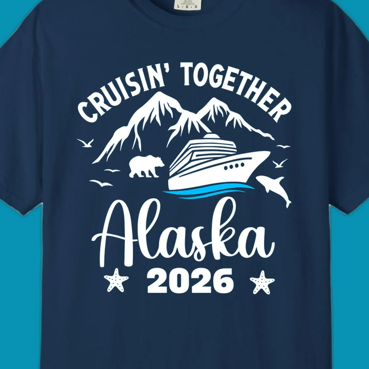 Minimalist design of two flowing blue curved lines representing Alaska ocean waves on white background