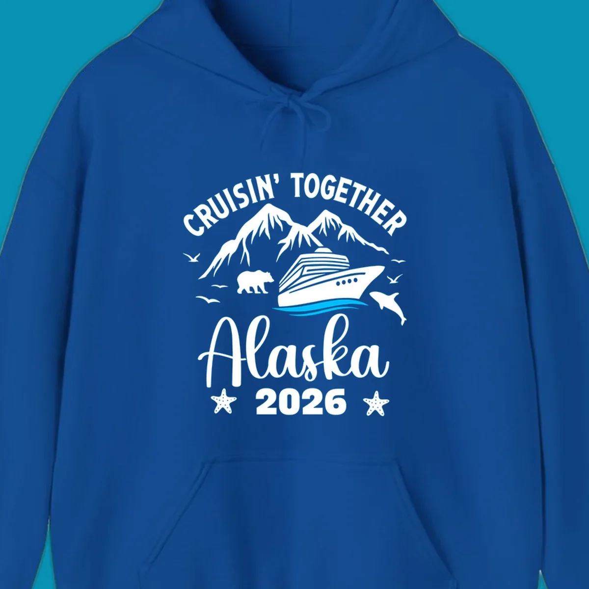 Minimalist design of two flowing blue curved lines representing Alaska ocean waves on white background