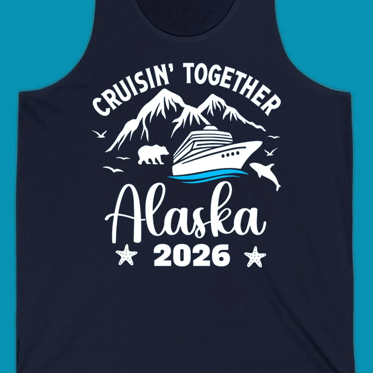 Minimalist design of two flowing blue curved lines representing Alaska ocean waves on white background