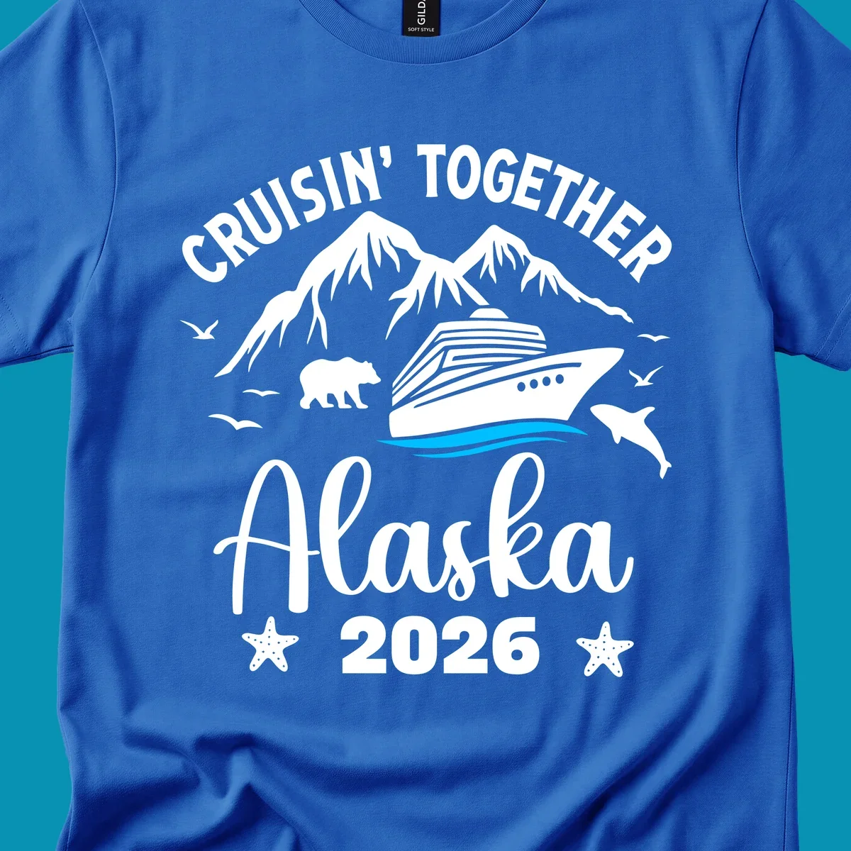 Minimalist design of two flowing blue curved lines representing Alaska ocean waves on white background